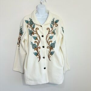 Bob Mackie White Fleece Jacket Floral Embroidery Gold Buttons SzL Wearable Art